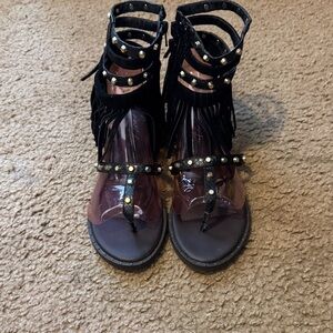 Black Studded Fringe Sandals